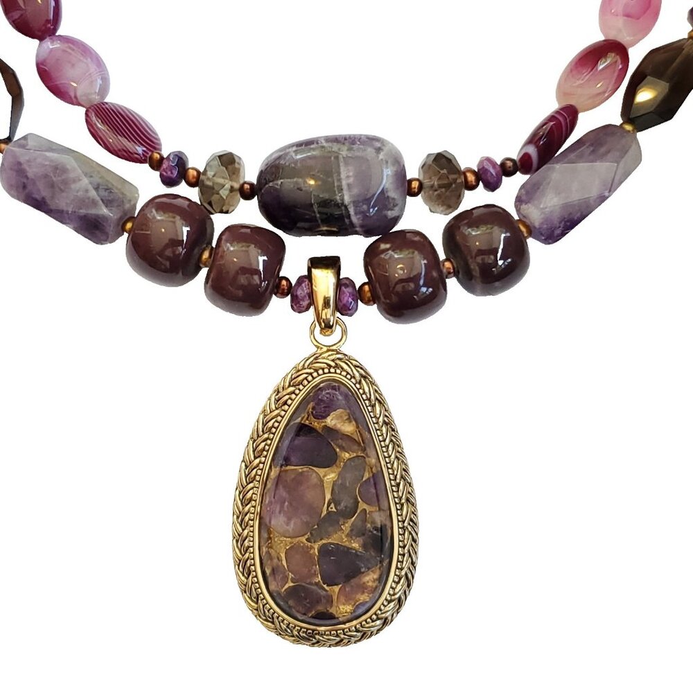 Barse Beaded Pendant Necklace Chunky Layered Purple Stone Gold Tone Statement - Picture 1 of 6